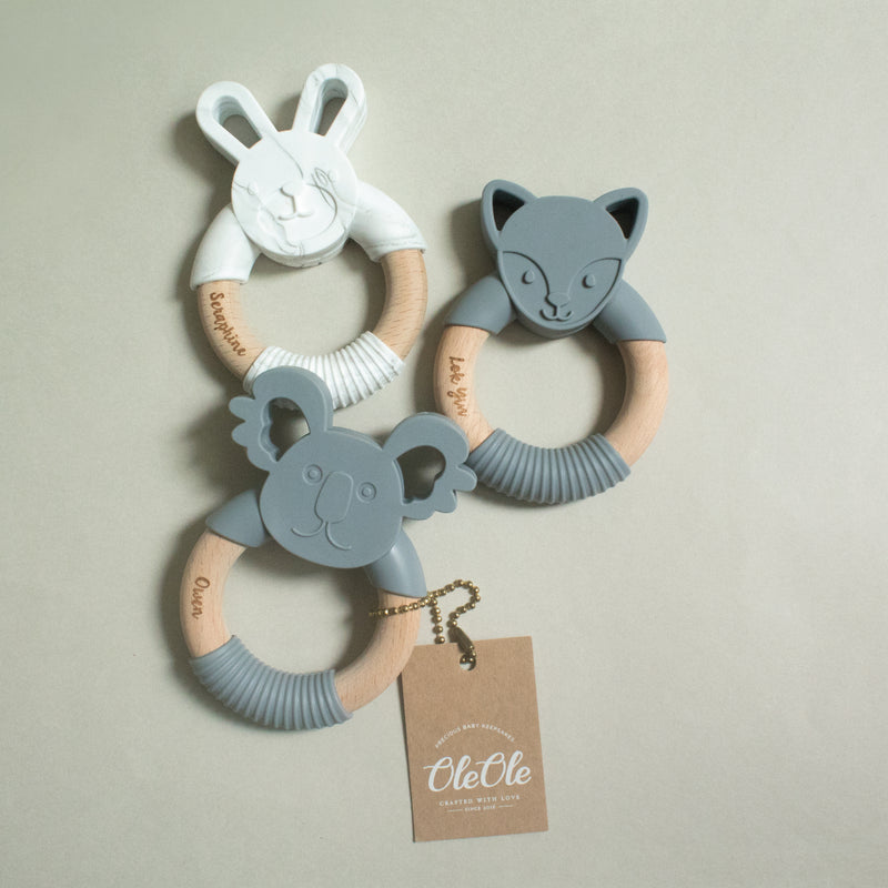 Personalised 2 in 1 Animal Teething Ring  |  Foxy in Moonlit Ocean