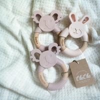 Personalised 2 in 1 Animal Teething Ring  |  Koala in Pale Mauve