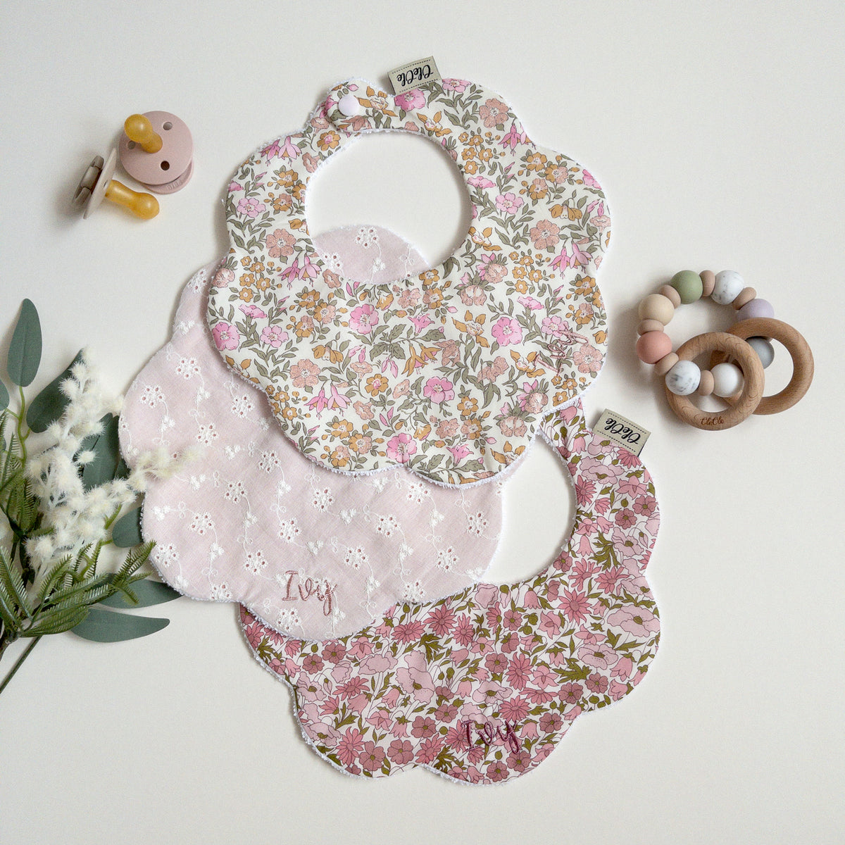 Scalloped Baby Bib  |  Liberty Poppy and Daisy Dusty Pink