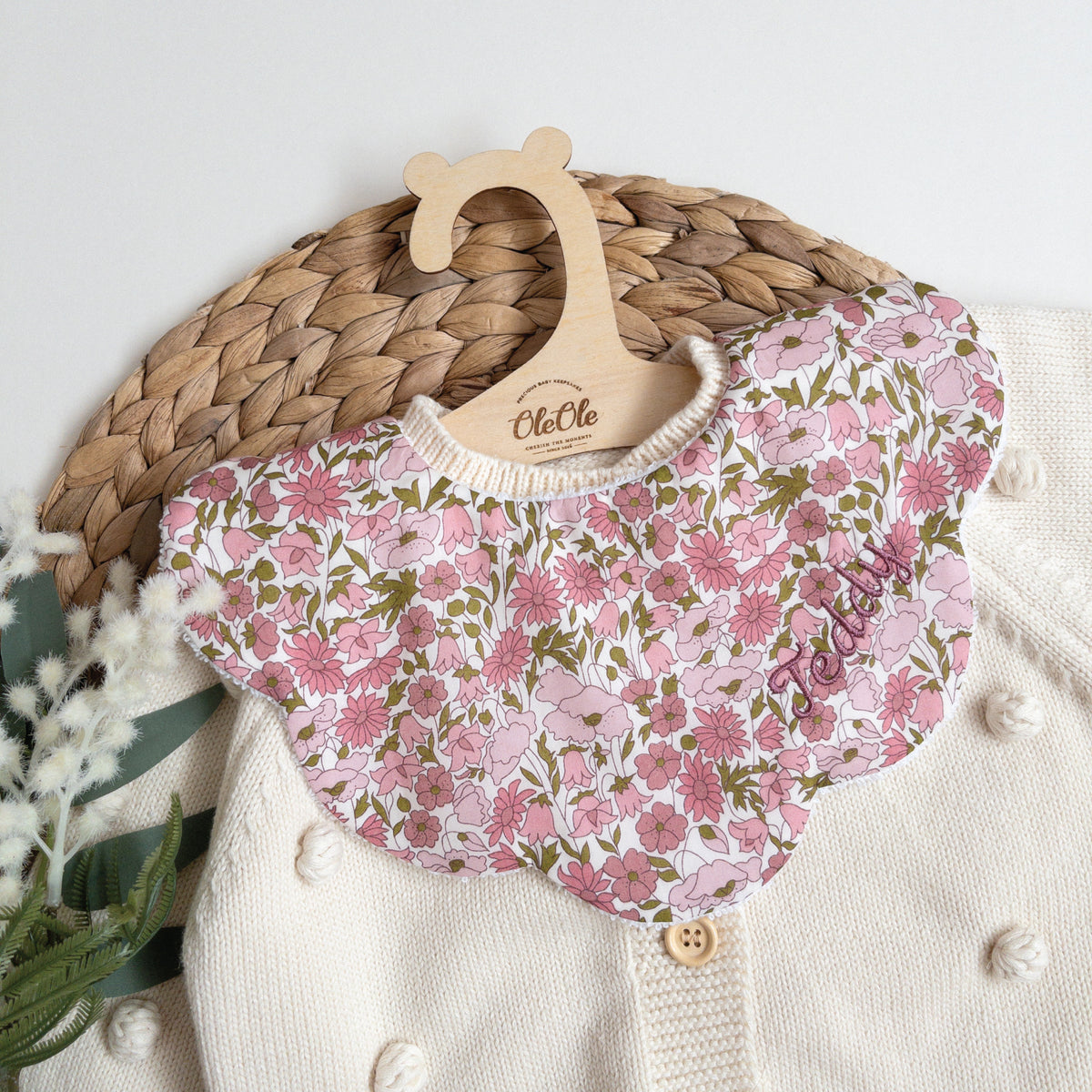 Scalloped Baby Bib  |  Liberty Poppy and Daisy Dusty Pink